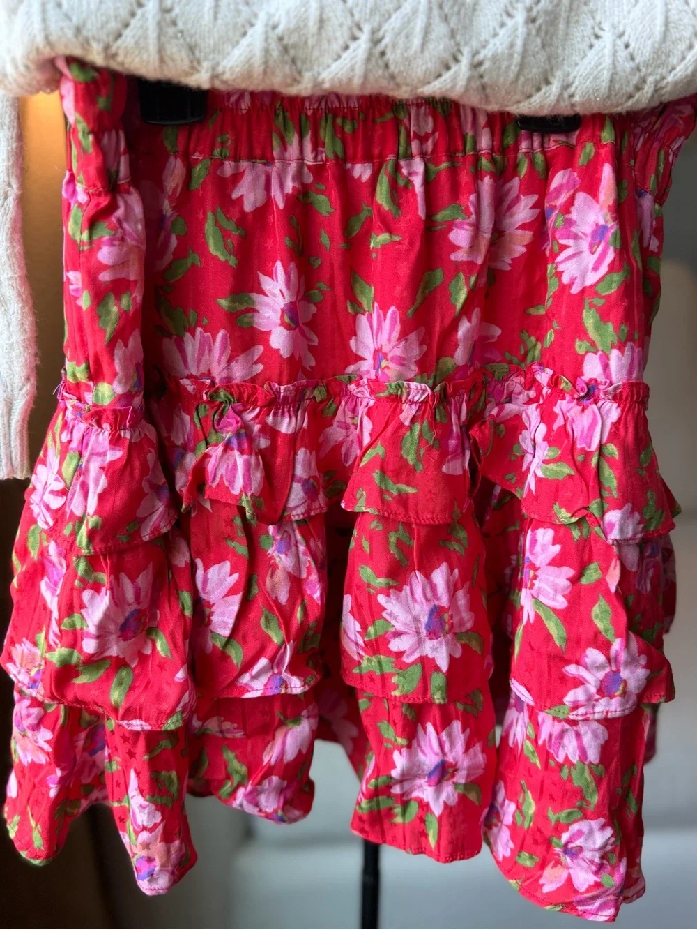 LoveShackFancy Mambo  Red Floral Tiered Mini- Skirt EUC
